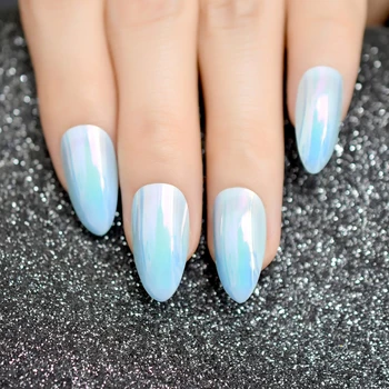 

24pcs Holographic Light Blue Stiletto Nails Sharp Medium Full Wrap Acrylic Fake Nail Makeup Manicure DIY Salon Product Kit Z859