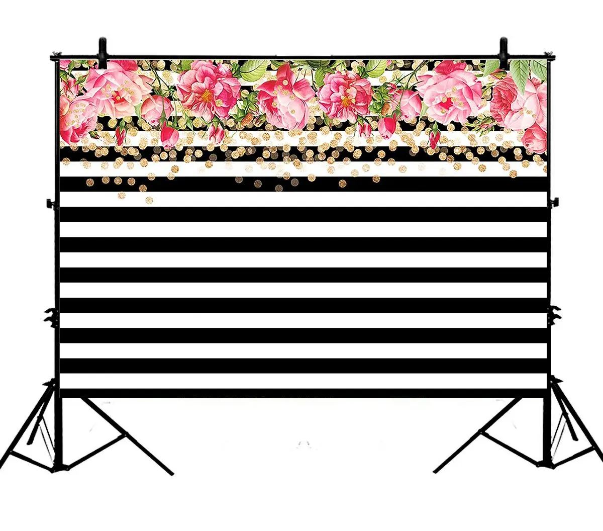 

5x7ft Black White Stripe Watercolor Pink Rose Flower Polyester Photo Background Portrait Backdrop