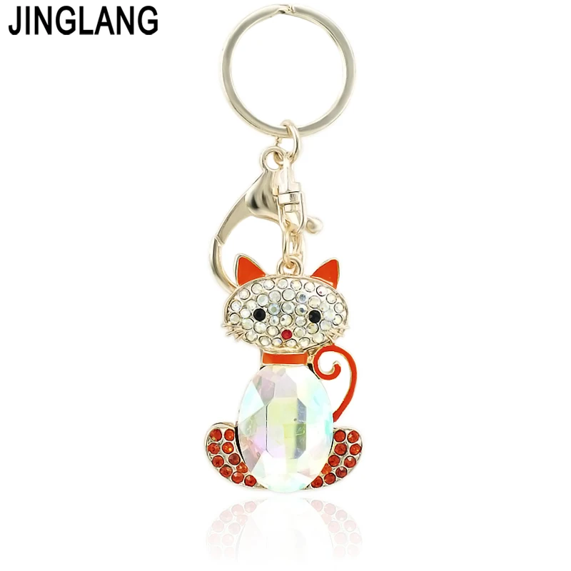 

JINGLANG Gold Color Metal Lobster Clasp Keyring Dangle Crystal Cat Animal Keychains For Women Handbag Pendants Jewelry