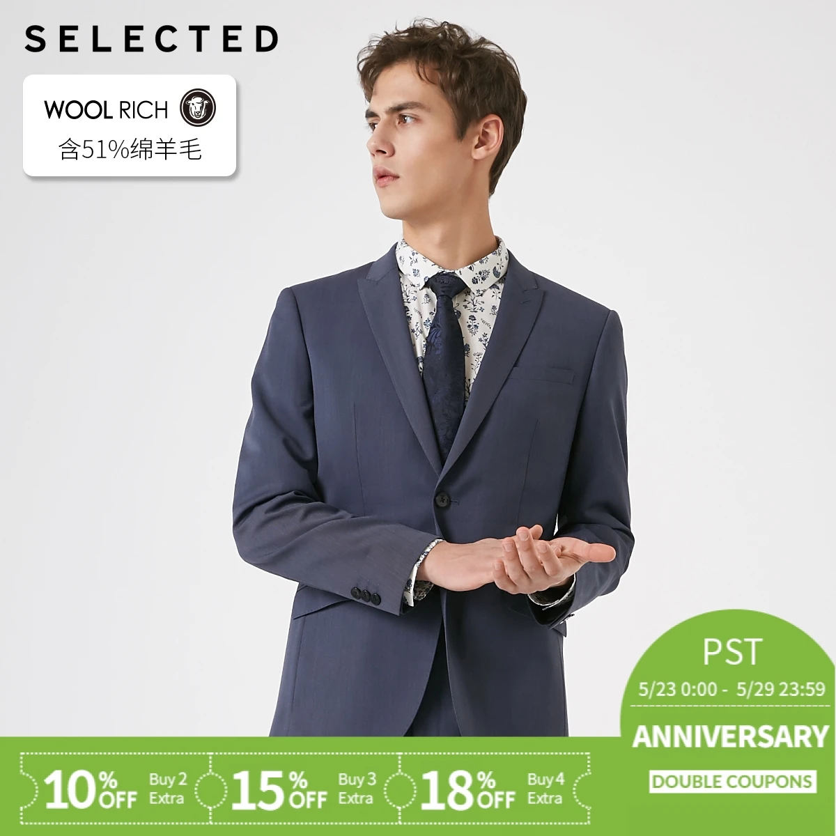 

SELECTED Men's Closure Collar Regular Fit Woolen Suit T|41915Y507