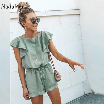 

Nadafair Playsuits Women Summer Elegant Jumpsuit Short Cotton Linen Casual Ruffles Elastic Waist Sexy Rompers Overall Mono Mujer