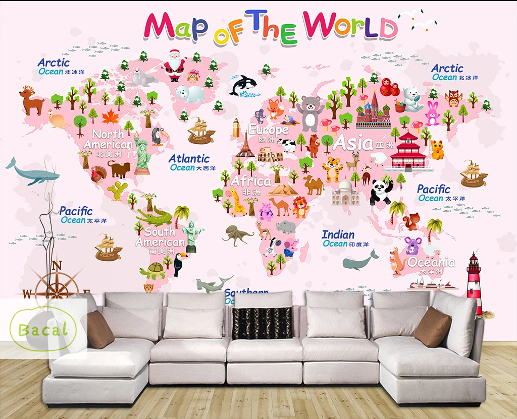 

Bacal 5D Custom Pink World Map 3d Cartoon Animal Wallpaper Murals for Walls Girls Baby Room 3d wall Mural 3d Wall paper sticker