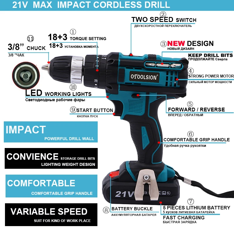 21V Dual Speed Impact Cordless Drill Screwdriver Small Drill Electric Tools Hammer Drill Power Tool Furadeira E Parafusadeira