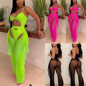 

New Women Summer Sexy Mesh Sheer Perspective Club Party Jumpsuit Pants Set 2pcs