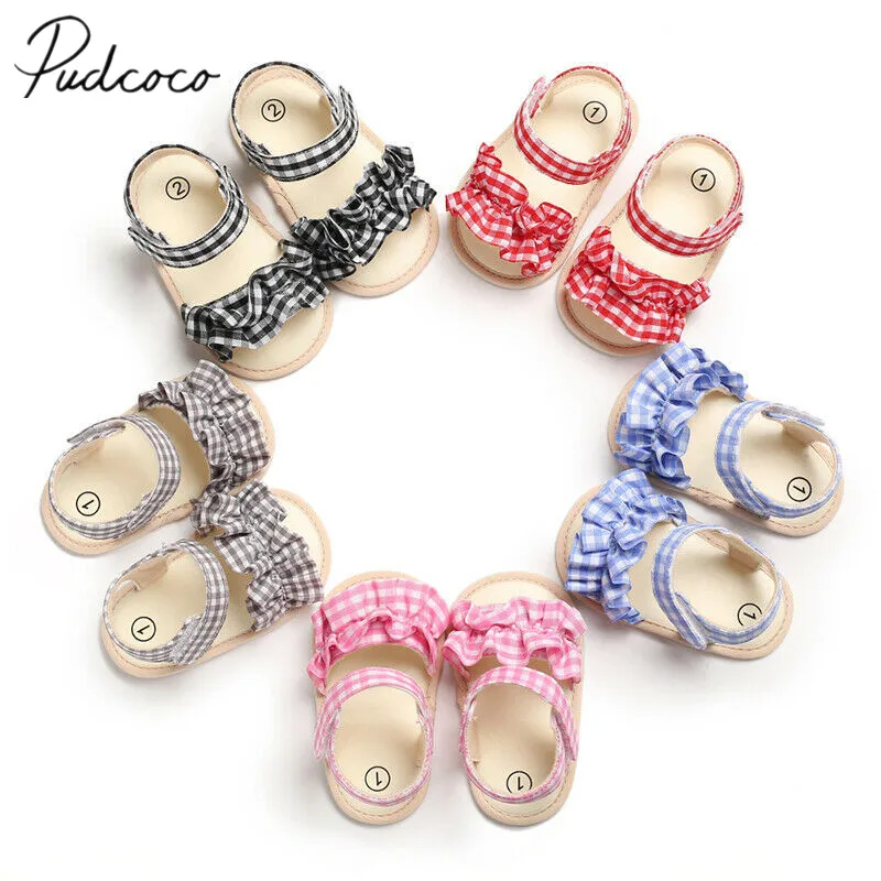 

2019 Baby First Walkers Baby Girls Woven Plaid Shoes Casual Sneaker Anti-slip Soft Sole Ruffled Checked Toddler Shoes 0-18M
