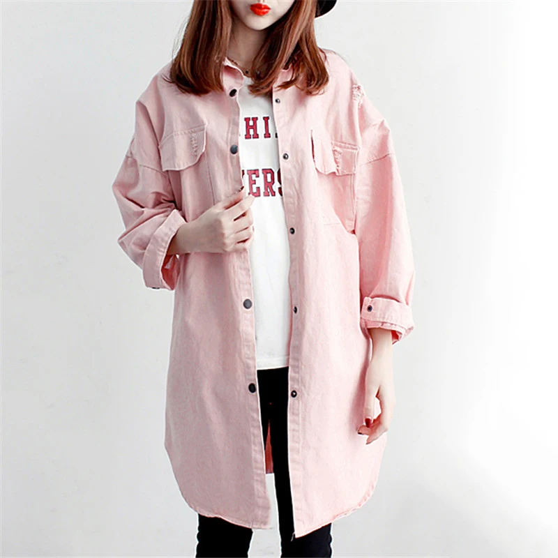 

Spring Loose Mid long Women Windbreaker Hole Solid color Denim Trench coat Single breasted Female Long sleeve Trench coat DT0038