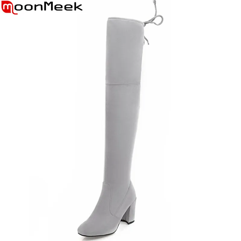 

MoonMeek 2018 fashion autumn winter women boots flock square zipper ladies boots square heel cross tied over the knee boots