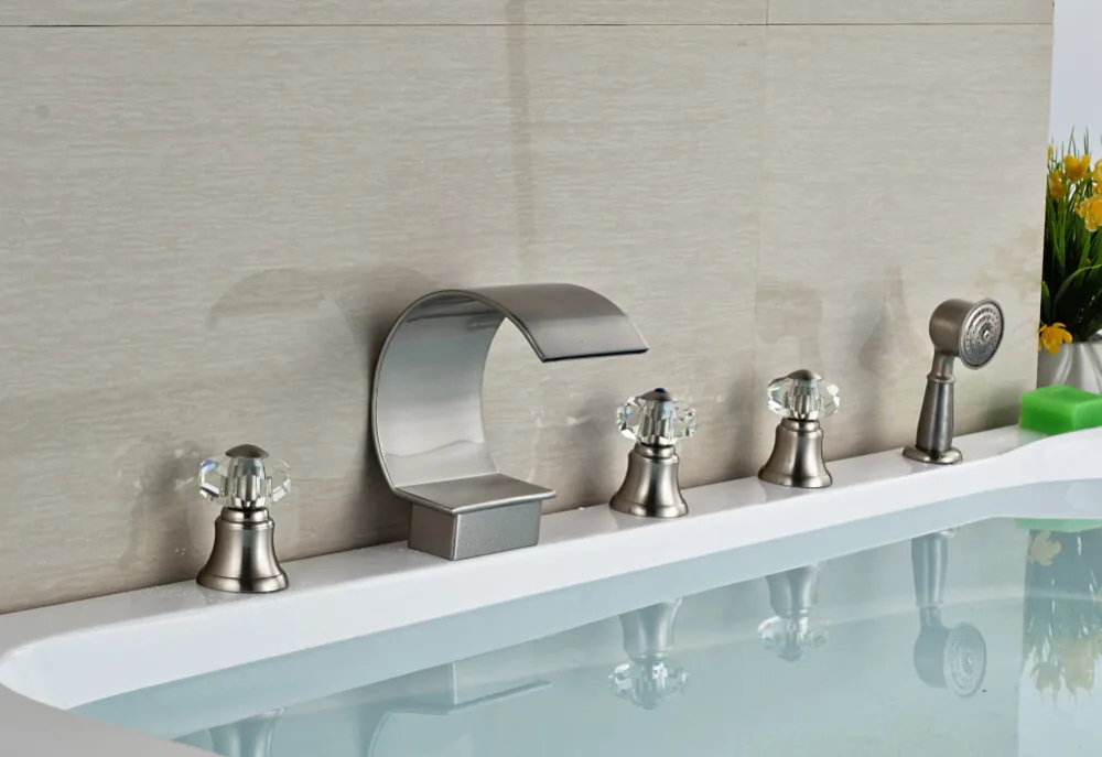 

Crystal Nickel Brushed Bathroom Deck Mounted Waterfall Basin Faucet Sink Mixer Tap With Hand Shower