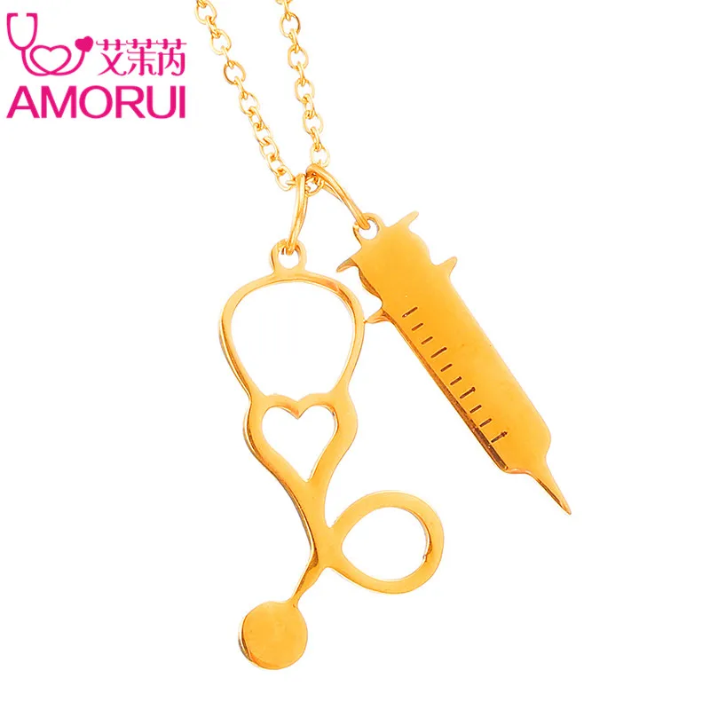 AMORUI Medical Stethoscope Syringe Pendant Statement Choker Necklace Stainless Steel Gold/Silver Necklaces Pendants Women Gift