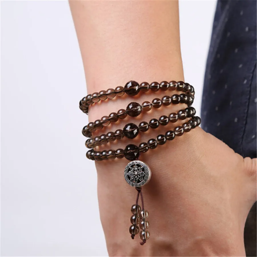 

Natural Tea-coloured Crystal 108 Buddha Mala Multi Circle Fashion Men's Beads Bracelet Yoga Stone Necklace Silver Falun Jewelry