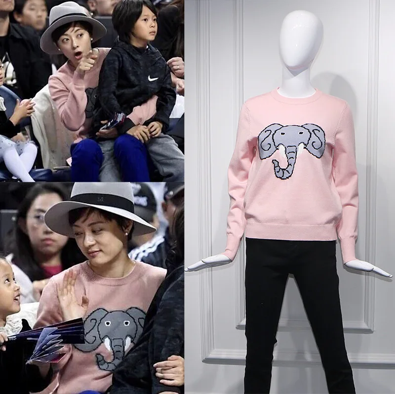 

Star Sun Li Ball Competition with Pink Cartoon Elephant Patterns Round-necked Turtleneck Sweater Knitted Top Tide Women 2019