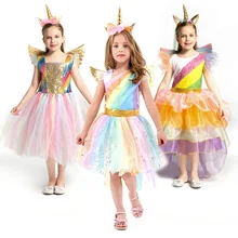 Детское платье с радужным единорогом для девочек, костюм для костюмированной вечеринки, детское платье принцессы, обруч для волос, Комлект из крыльев и диадемы, платья на Хэллоуин