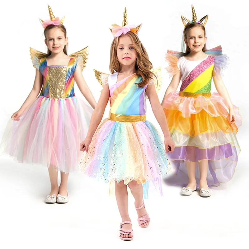 

Kids Rainbow Unicorn Dress for Girls Toddler Unicorn Cosplay Costume Children Princess Dress Hair Hoop Wing Set Halloween Frocks