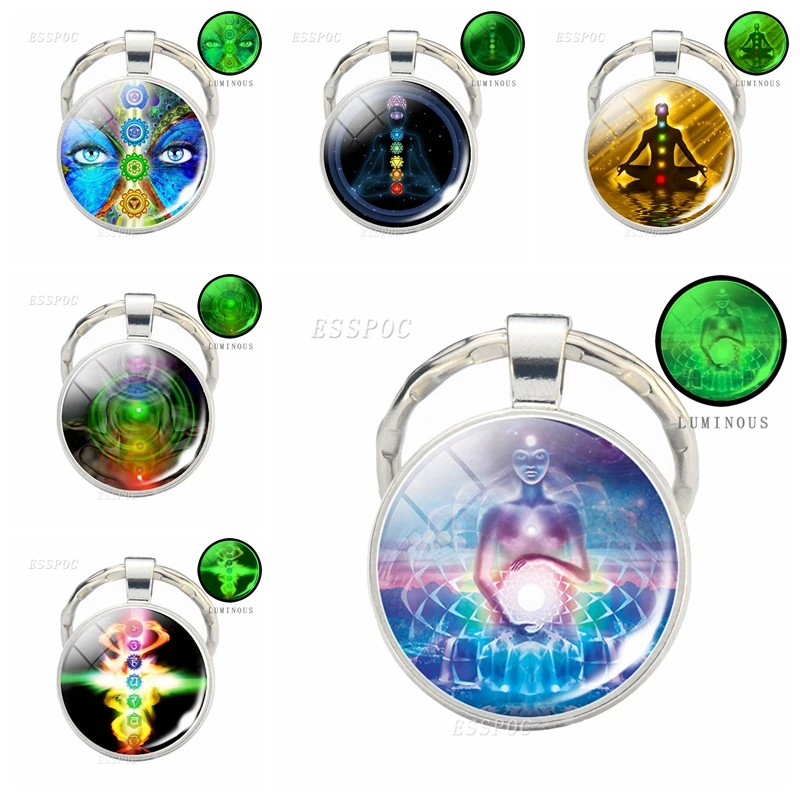 

Glow In The Dark Seven Chakra Keychain Yoga 7 Chakra Glass Cabochon Keychain Keyring Yoga Jewelry Fashion Gifts for Friend