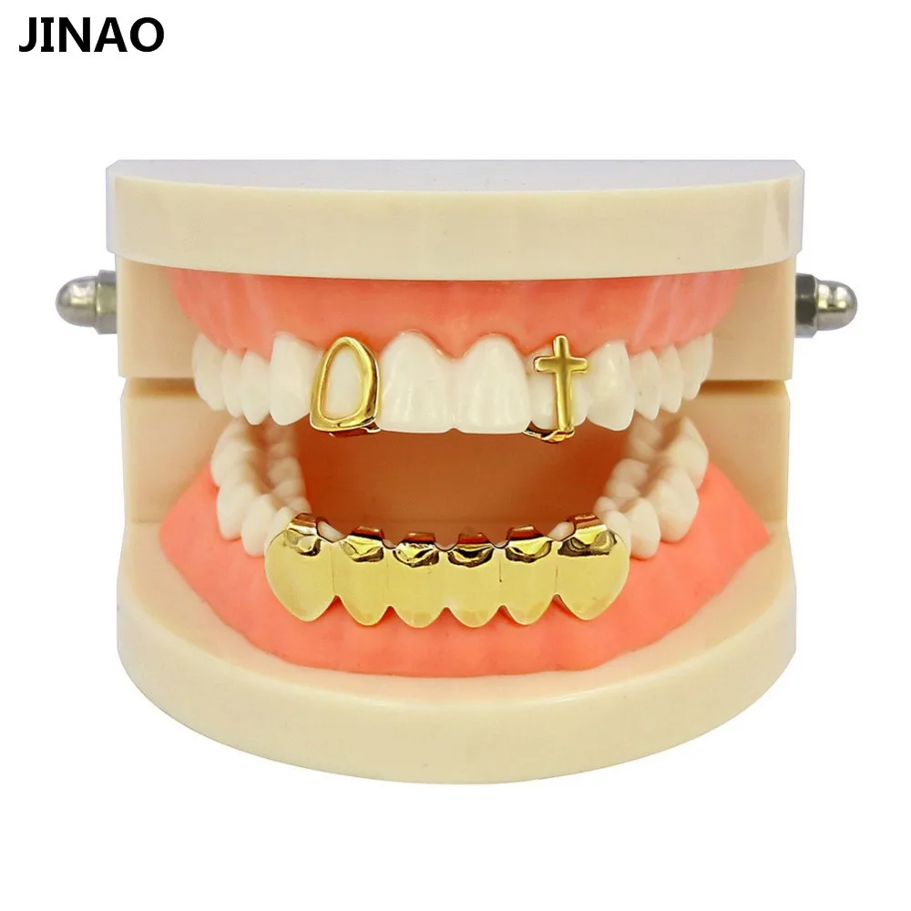 

JINAO New Gold Color Plated Open Face Single Cross & Hollow Top Tooth Caps Glossy Polish Hip Hop Teeth Grillz Bottom Grills Set