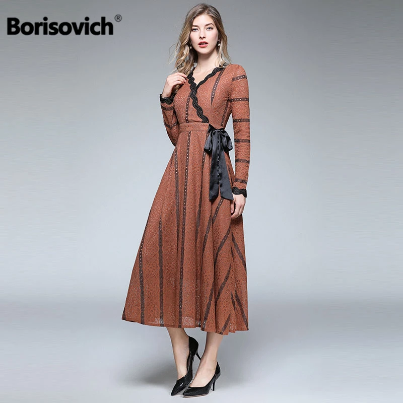 

Borisovich Luxury Vintage Long Dress New Brand 2018 Autumn Fashion V-neck Big Swing Elegant Women Casual Lace Dresses M853
