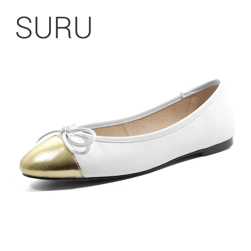 

SURU Leather Ballerina Shoes Women Gold White Or Silver White Patchwork Ballet Flats With Cords Bow Details Comfortable Softness