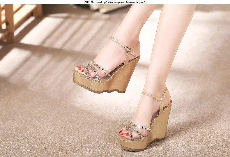 14_2016 Summer Fashion Elegant Footwear Peep Toe Black High Heeled Platform Sandals Silver Diamond Wedges Shoes Women Small Size