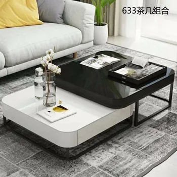 

0608CJ633 Tempered glass surface stainless steel frame combination tea table coffee table Light paint solid wood drawer