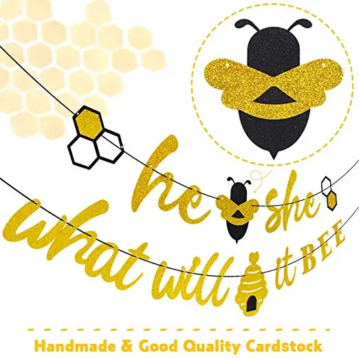 

METABLE He or She What Will It Bee Banner Gender Reveal Garland with Bee and Beehive Baby Shower Glitter Party Favor Supplies