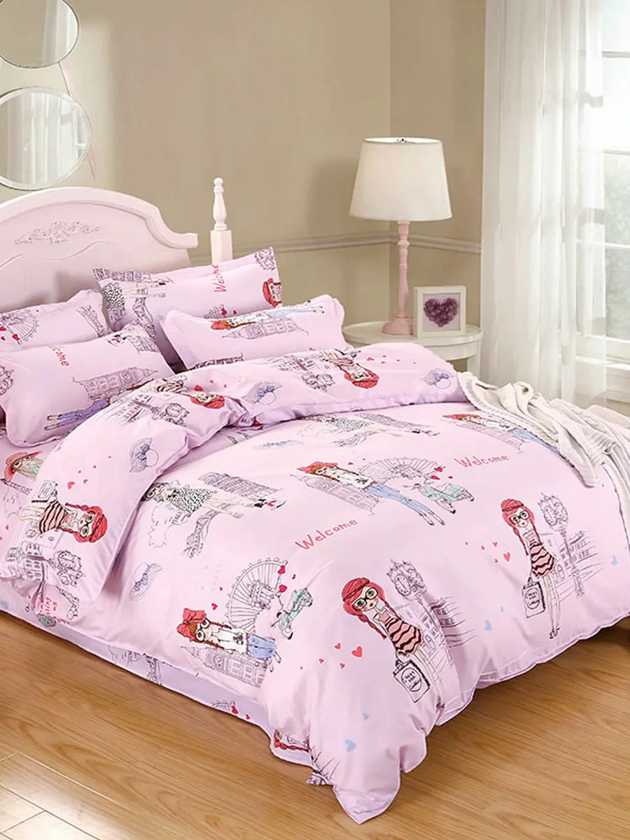

4Pcs Duvet Cover Set Sweet Style Cartoon Girl Pattern Skin-Friendly Bedding Set