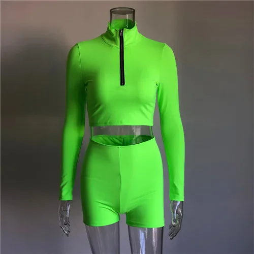 KGFIGU неоновый зеленый спортивный костюм для женщин горячие модные трендовые топы на молнии с длинными рукавами и шорты комплекты из двух предметов - Цвет: Neon green