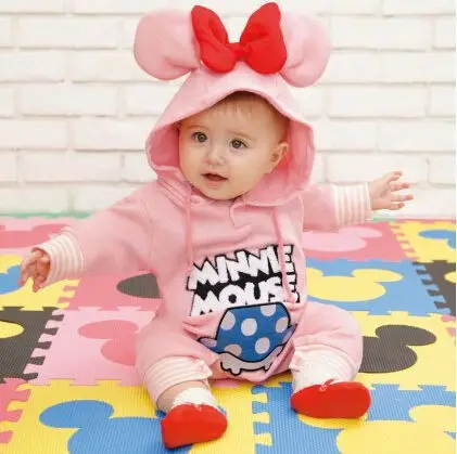 

Autumn / Winter Baby rompers Fleece warm thick baby clothes Cartoon lovely pink mini mouse Jumpsuits Soft cotton toddler costume