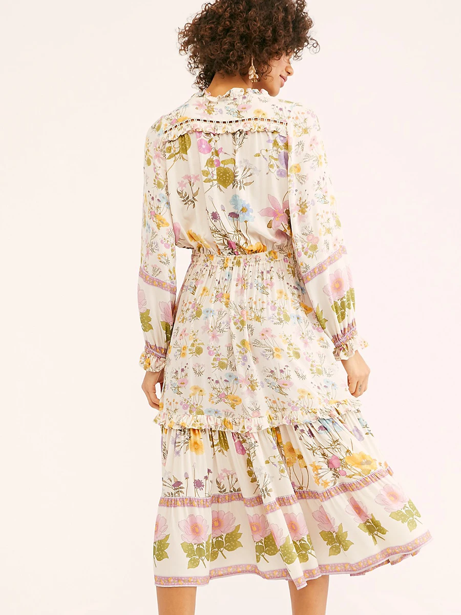 

Wide Bloom Midi Dress Women Summer Cream Long Sleeve V neck Floral Vintage Dresses 2019 Beach Boho Long Dress Printed Sundress