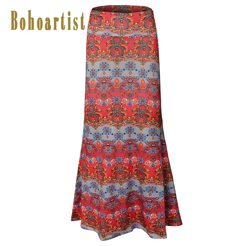 

Bohoartist Bohemian Women Summer Skirt High Waist Red Floral Print Ankle-Length Elastic Ethnic Package Hip Women's Long Skirt