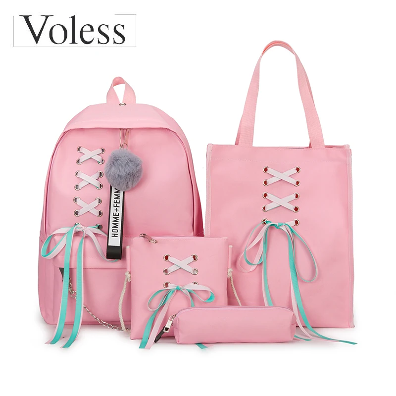 

4Pcs/Set Ribbon Chain Bowknot Backpack 2019 High Quality Canvas College Wind Schoolbag Women High Student Bag Backpack Mochila