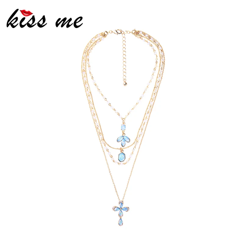 

KISS ME Light Blue Resin Flower Pendant Necklace Women Mixed Beads Chain Layered Necklace Fashion Jewelry