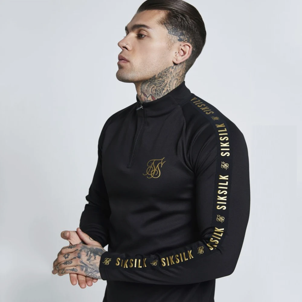 Koop Nieuwe Mode Mannen Sik Zijde Borduurwerk Effen Kleur Elastische t shirt Hoge Rits Kraag Elastische Lange Mouwen Mannen Slim casual T shirts