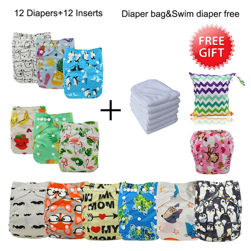 

Baby Cloth Diaper Cover Christmas Reusable Pocket Diapers 12pcs+12pcs Microfiber Insert+1Free Bag+1Free Swim Diaper Baby Nappies