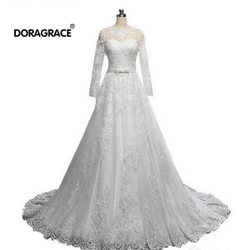 

Doragrace Real Photos 3/4 Sleeve Lace Wedding Gowns Plus Size Wedding Dresses