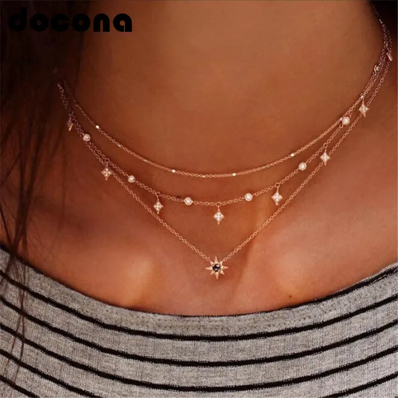 

docona Bohemian Gold Color Flower Crystal Necklace for Women Simple Chains Layered Necklace Party Jewelry Collars 6568