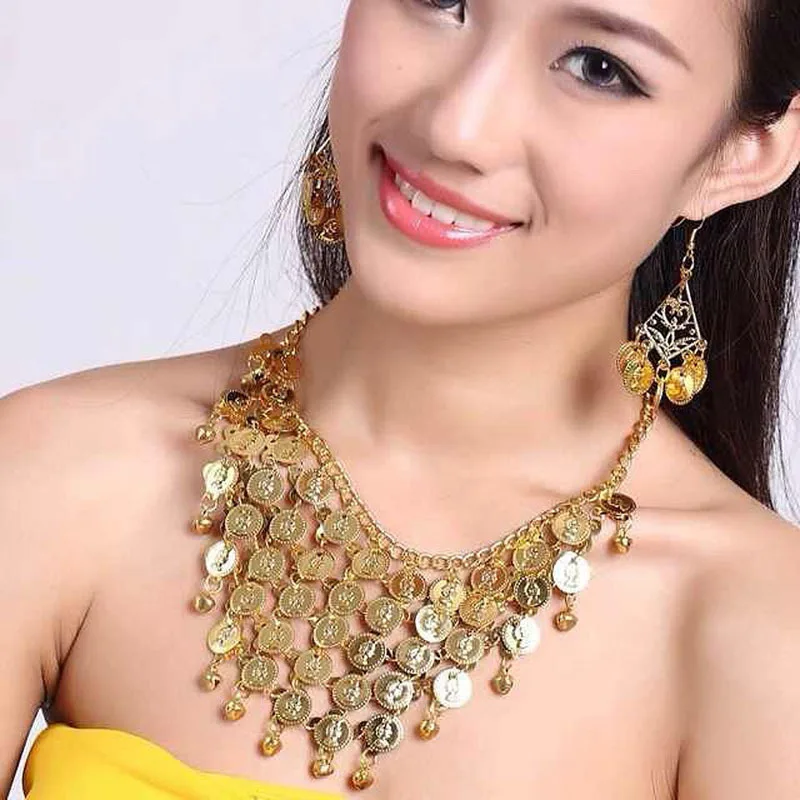 

Exaggerated Handmade Belly Dance Jewelry Set Accessories Gold Color Sequins Metal Coins Choker Necklaces Earrings Hair Jewelry