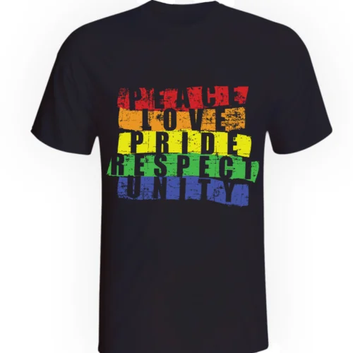 Черная мужская и женская футболка с надписью Peace Love Pride pride unit | Мужская одежда