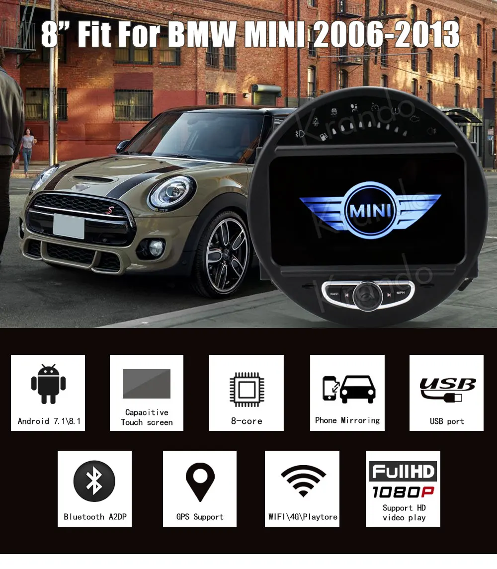 Krando " Android 9,0 автомобильный Радио Аудио плеер мультимедийная система gps для BMW Mini Cooper 2006-2013 Черный навигационный плеер BT