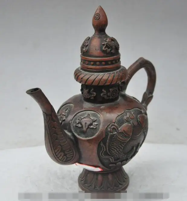 

S05997 9" china fengshui bronze fish lotus lucky statue Yellow Rice Wine Tea Pot Flagon