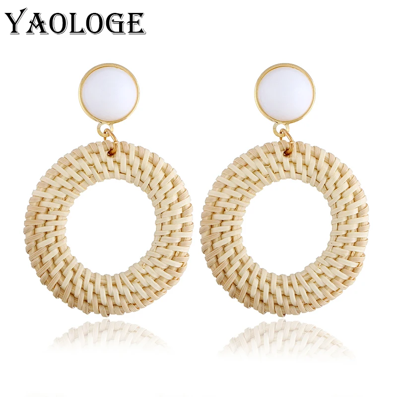YAOLOGE Unique Rattan Weaving Earrings Bohemian Style Openwork Round Vintage Statement Jewellry For Women Party Jewelry | Украшения и