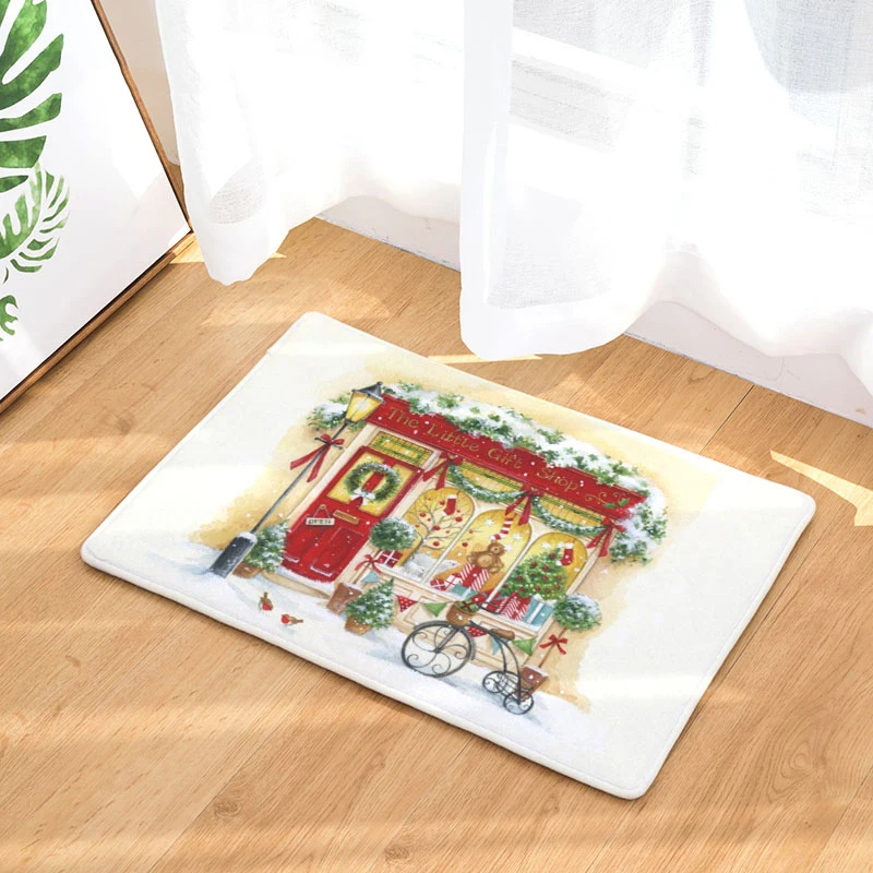 Comwarm Christmas Flannel Floor Mat Snowman Gift Shop Sledge Christmas