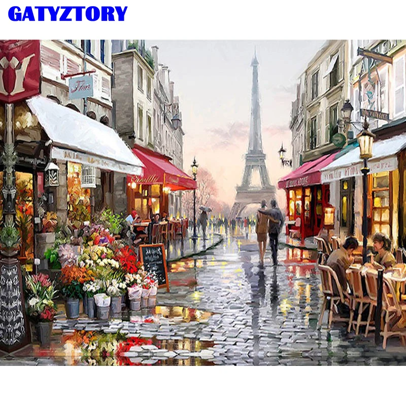 Brezokvirna pariška cvetlična ulica pokrajina naredi sam po številkah sodobna stenska umetnost ročno poslikana z oljem za dom dekor 40x50cm