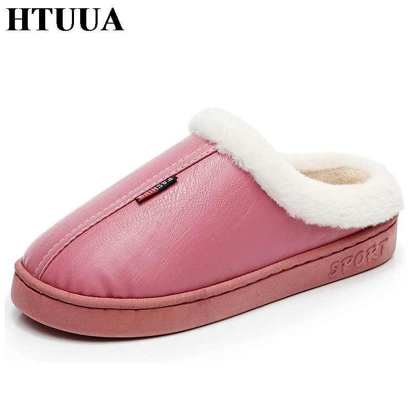 

HTUUA Winter PU Leather Waterproof Warm Plush Outdoor Indoor Home Slippers Women Unisex Fluffy Furry Fur Slides Flat Shoes S1555