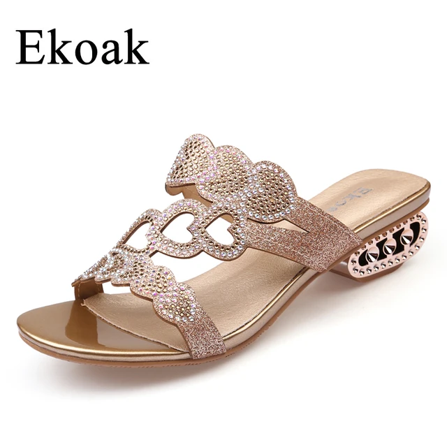 Ekoak New 2017 Fashion Summer Shoes Woman Rhinestone Cut-outs Medium Heels Ladies Party Dress Sandals Shoes Women