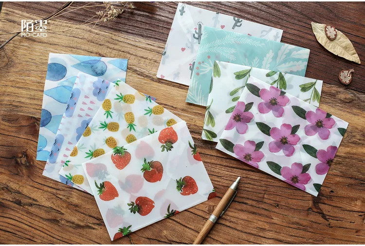 3 Enveopes and sealing stickers/pack  Floral Fruits Envelope Parchment Paper Photo Postcard Bookmark Card Holder Storage Bag