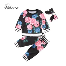 Фирменная Новинка От 0 до 3 лет осень-зима одежда для малышей для девочек Комплекты одежды 3 шт. с длинным рукавом Цветочный пуловер Толстовка Топы+ штаны+ повязка на голову