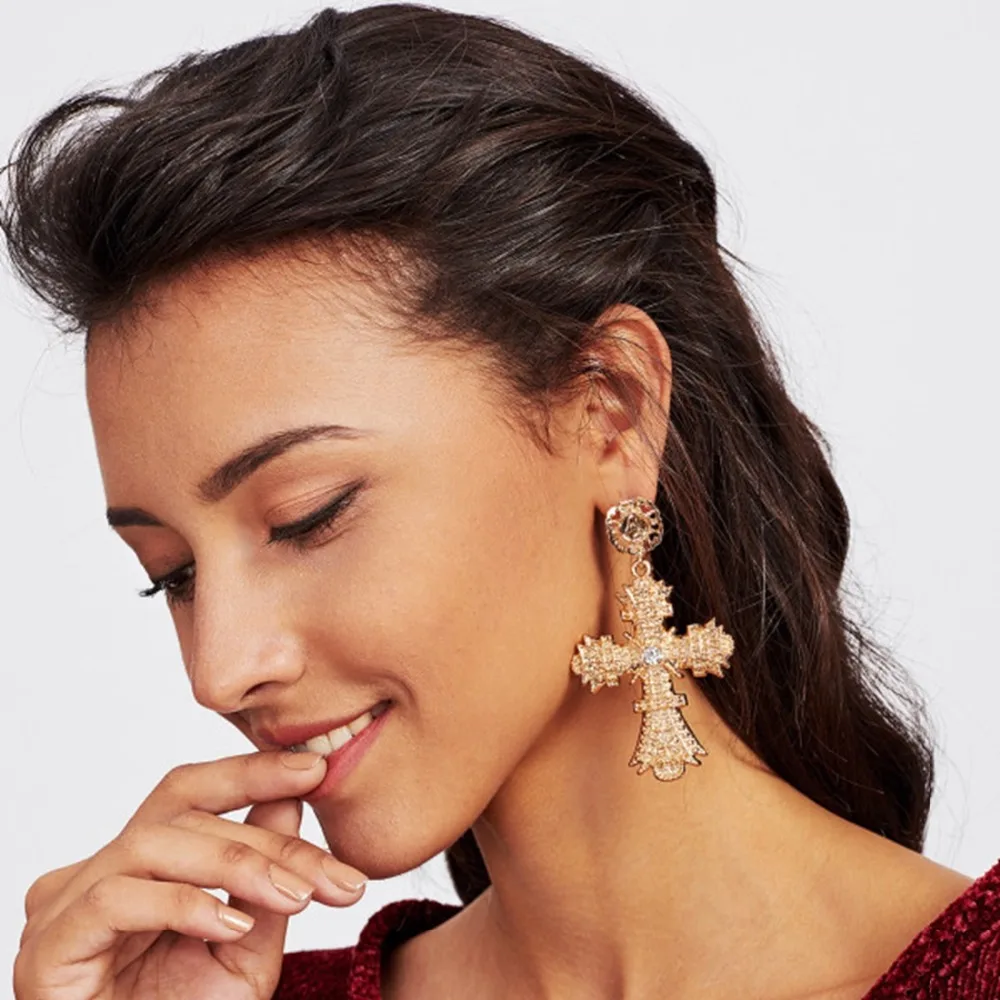 

2018 Golden Big Cross Statement Earrings Rock Punk Metal Personality Ankh Drop Earring boucle d'oreille Korean brincos oorbellen