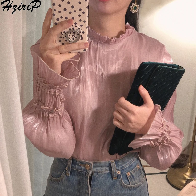 

HziriP Korean Chic Blouses Spring Autumn Fashion Loose Flare Sleeve Solid Casual Lace Up Shirt Women 2019 Tops Elegant 3 Colors