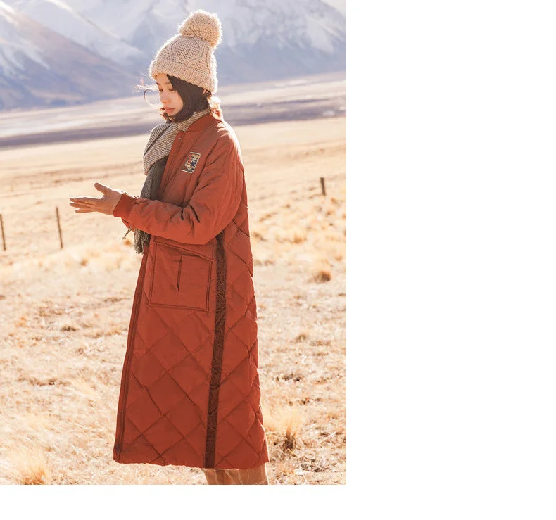 INMAN зимнее женское повседневное теплое длинное пуховое пальто со стоячим воротником и ромбической вышивкой