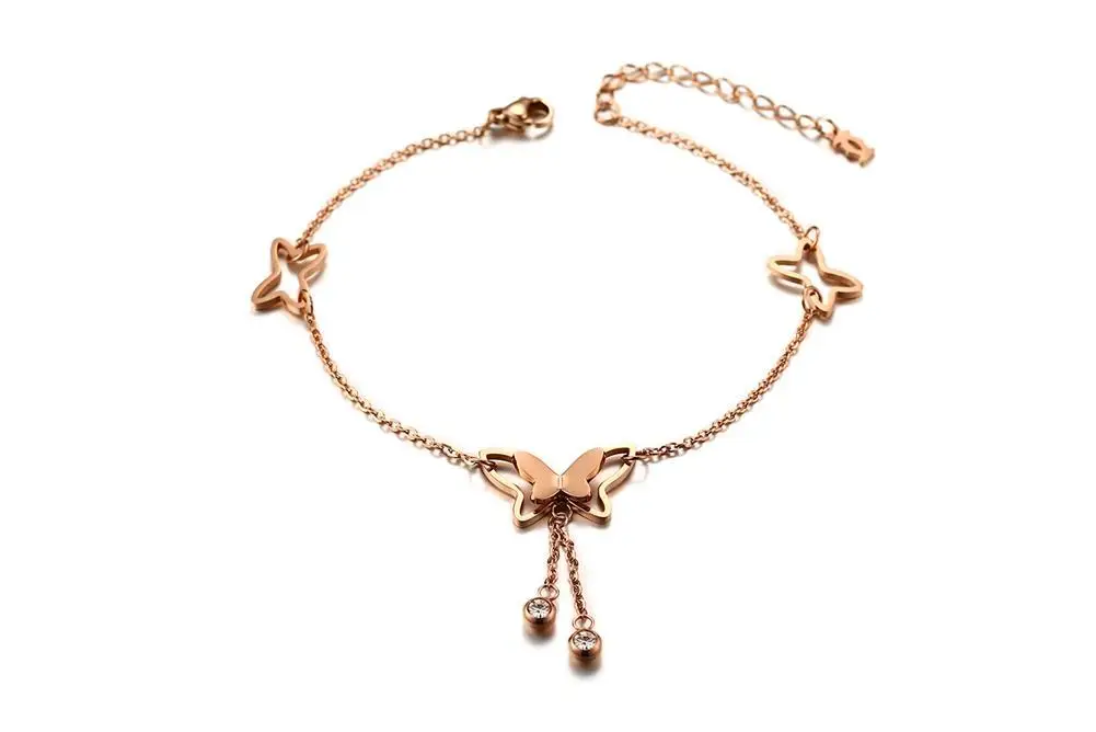 Красивый рабский ножной браслет с бабочкой для девочек, браслет-цепочка из розового золота, женские Стильные пляжные браслеты на ногу с пружинной пряжкой